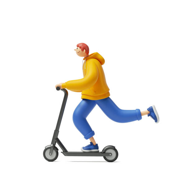 3d render, cartoon character young man wears yellow hoodie and blue trousers, rides electric kick scooter. Urban transportation clip art isolated on white background